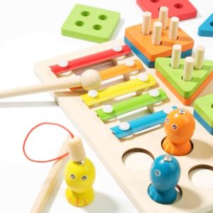 Wooden 3 in 1 Column Set Wooden Toys Educational Montessori toys Fishing Xylophone Shape Sorting kid
