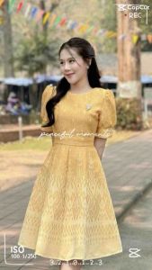 ชุดเดรสสีเหลือง ชุดทำงาน ผ้าไทย ทอลายอัดกาวทั้งชุดcode:BK