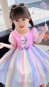 BEEJOY 1-8Y Girls Dress Frozen Princess Elsa Rainbow Dresses Children Girl Party Dress Costume Lace Dress Baju Gaun Budak Perempuan