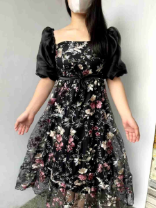 Maxi Dress Wanita Bunga Nomi Dress Natal Brukat Tile Square Neck Dress Pesta Mewah Kondangan Model Sabrina Dress puffy zh