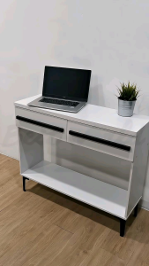 PHILIP Modern Rustic Rectangular Console Table with Storage - Metal Legs Two-Drawer Design (Grey/White with Black Feet) (RZ 1024-MPT)