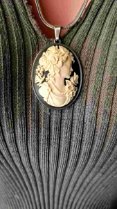 Gorgeous Victorian Lady Cameo Ivory Black Silver Stainless Statement Jewelry Necklace