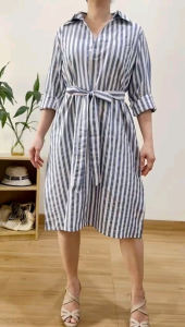 ●ECLAIRE● 063 Dress Midi Lengan Panjang Longsleeves Vneck Motif Salur Garis Stripe Kerja Kantor Kasual Casual Semi-formal Basic lxo