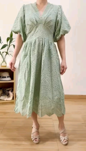 ●ECLAIRE● 003 Dress Midi Katun Bordir Embroidered shortsleeves Lengan Pendek Korea Pesta Kondangan Resmi Formal Bisnis Wedding CNY Imlek Natal Christmas Import 59004