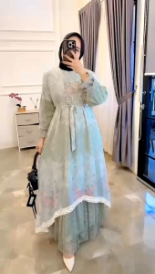 dress wanita kekinian azaira #11 - ceruty mix brukat chantaly full furing aplikasi renda Ld 110 pj 138 free belt