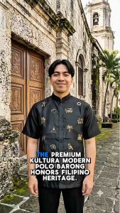 【 PREMIUM 】KULTURA - Modern Polo Barong Piña Jusilyn Short Sleeves Embroidery Mandarin Collar