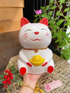 (24x16x17cm - Thạch cao) Heo đất Mèo Thần Tài thỏi vàng. Hàng sơn nước chi tiết vẽ tay sắc nét