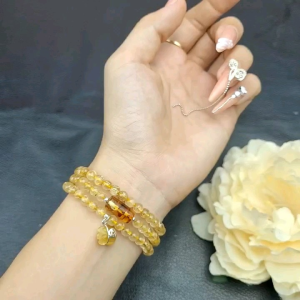 Q776 Chuỗi 3v Thạch Anh Tóc Vàng mix lu thống Hổ Phách Hoa túi tiền Tóc Vàng treo móc bạc Thổ và Kim - Phong Thuỷ TUDO P