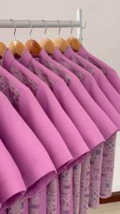 เสื้อทำงานชายคอจีน สีชมพู ผ้าฝ้ายทอลาย อัดกาวทั้งชุด