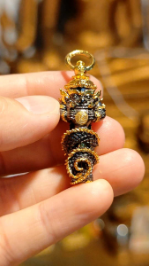Golden and black Laohu deity pendant from Wat Khao Om Thailand 4.5cm height suitable for career and fortune enhancement small and elegant for men and women.