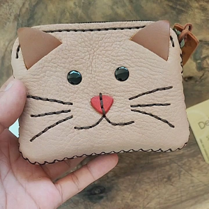 กระเป๋าหนังแท้รูปแมวน่ารัก สำหรับใส่เหรียญและบัตร ATM งานแฮนด์เมด ผู้หญิงใช้ได้ สุดคุ้มในราคาถูก