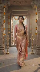 Taaraluxe Kanchi Pattu Saree Pastel Orange Pink Elegant Ethnic Festival Puja Wear