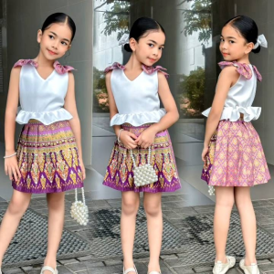 ชุดไทยประยุกต์เด็กหญิงพร้อมส่ง เสื้อ คอVติดโบ+กระโปรงจีบรอบผ้าไทยพิมพ์ทองอย่างดี(แถมโบคาดผม)