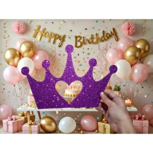 Crown glittered cutout birthday backdrop with heart-shaped cutout pink and gold balloons "Happy Birthday" banner and festive decorations.