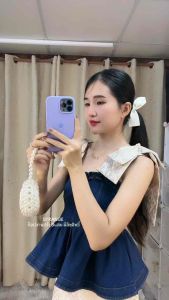 Z21เสื้อยีนส์แต่งโบว์ผ้าทอลายอัดกาว ด้านหลังสม๊อค