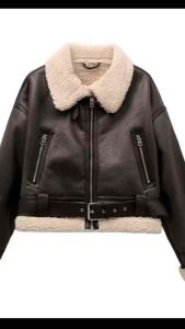 Jaket Kulit Crop Wanita Curved Crop Jaket Semi Kulit Wanita Hitam Keren Bahan Bulu Sherpa