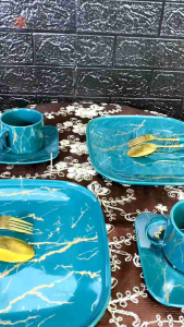 Prasmanan QuenRose Dinner Set Keramik Marble Hijau Import Mewah Alat Penyaji Makanan