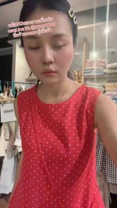 B12 เดรชฟรีไซด์ลายจุดฟักทองแถมกระเป๋า สีแดง