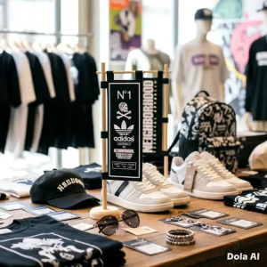 NBHD Portable Mini Nobori Stand Flag – Small Vinyl Banner with Wooden Base Japanese Street Display for Diorama Tabletop Events & Product Promotion