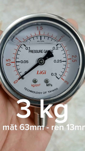 Đồng hồ đo áp suất dầu 0 - 3 kg/cm2 = 0.3 Mpa Mặt 63 Ren 1/4 = 13mm Dùng đó áp suất dầu áp suất nước áp suất hơi khí nén