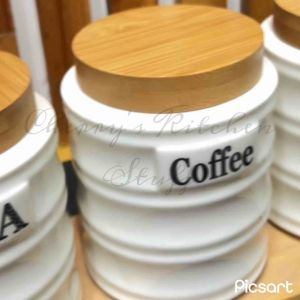 CKS Ceramic Round Jar Ceramic with Wooden Tray Coffee Creamer Sugar