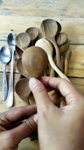 Sendok Teh Kopi Kecil Bahan Kayu Jati Asli Tua Tangkai Liuk Finishing Natural Food Grade