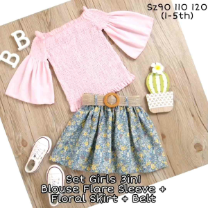 SETELAN ANAK PEREMPUAN IMPORT KOREAN STYLE 3IN1 BLOUSE FLARE SLEEVE FLORAL SKIRT FREE BELT
