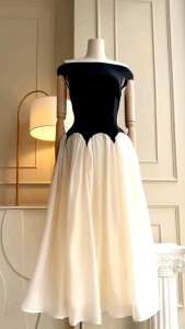 Đầm xòe trễ vai nữ thiết kế xinh xắn màu đen trắng cotton lụa tơ ánh kim