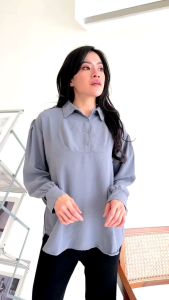 KORARU Atasan Blouse Kemeja Wanita Kekinian Korean Style Bahan Crinkle Lengan Panjang Premium Pakaian Fashion Grosir