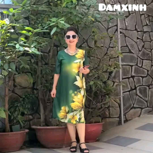 Đầm Trung Niên Dáng Suông A Che Bụng - Vải Lụa Thạch Anh Sang Trọng. Đủ Size từ 48kg đến 90kg.