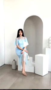 Dress Wanita Gereja Biru Langit Elegant Mewah Natal Cindy