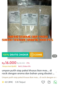 Umpan Putih Ikan Mas Siap Pakai Ukuran 100 Gram