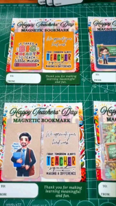 Two Magnetic Bookmarks for World Teachers Day Vibrant Print in Thick Photopaper with Glitter Laminated Photo Top 6 x 4 cm size if folded