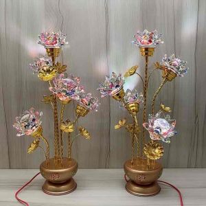 cặp đèn bàn thờ bình bông pha lê hoa sen