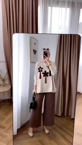 Setelan Cantik Terbaru Bahan Knit Snowy Premium Kombinasi Motif Bunga Matahari Celana Kulot