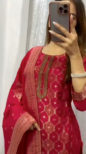 Classy Banarasi Suit with Beautiful Golden Zari Print Work and Hand Work Embroidery Neck (Pre-Order: 2/3 Weeks Delivery) HR080725