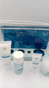 NUVIT MOISTLOC STARTER KIT EXP 06/28 - Lasting Moisture Glow & Revitalization - 4-piece set with tube jar and pump - Enriched with ingredients - Clear pouch packaging - Home setting with plant and sign.
