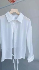 Áo sơ mi nữ basic dài tay chất liệu tơ mềm mại sơ mi croptop buộc dây lưng phong cách nhẹ nhàng thời trang nữ Rayin