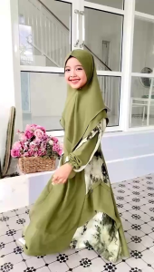 Gamis Anak Perempuan Terbaru Ceruty Print Mix Polos // Bisa Cod Alisha Muslim Fashion