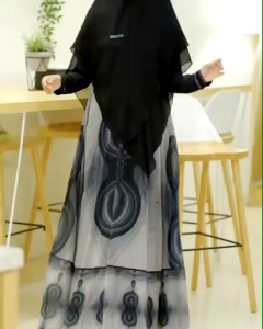 Set Gamis Dress Ceruty Babydoll Syari Branded Prinitng Hitam - Coklat - Black - Purple - Brown Mewah Masya Syari Terbaru Zayna MADENIA SYARI By MASYA
