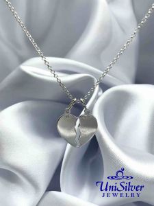 Unisilver 925 Sterling Silver Couple Half Heart Pendant Set (#P0902-2001/LN015-024016)