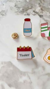 Collar Pin Cute School Diary Calendar milk egg toast & socks design (4pcs in 1 Set) zinc alloy material