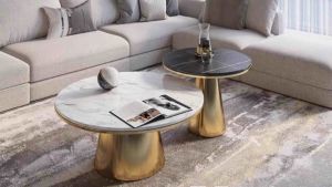 Bàn trà đôi Sofa phòng khách mặt đá tròn chân kim loại dạng ống hình nón trụ hiện đại sang trọng