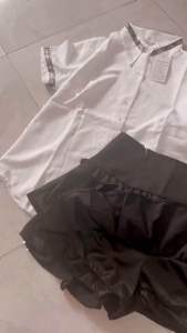 Set Bộ Áo Sơ Mi Kate Tay Ngắn Viền Chà Neo + Chân Váy Tuyết Mưa Bảng Nhún Tầng Xoè Đính Nơ Có Lót Quần