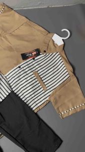 [FASHION ANAK MUSLIM] Setelan Baju Koko Anak Laki-laki Lengan Pendek Motif Salur untuk Usia 3-12 Tahun Terviral