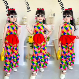 ชุดเซ็ทลายตารางเด็กหญิง ชุดเจ้ยแหยมยโสธร ชุดย้อนยุคเด็กหญิง set 3 ชิ้น