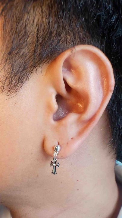 Chrome Hearts Sterling Silver 925 เครื่องประดับเงินแท้ ต่างหู Cross Baby Fat Small Drop Earring Code:CED033