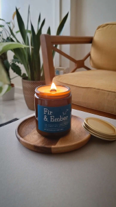 Fir & Ember Soy Candle with Wooden Wick – Handpoured Scented Candle for Home Fragrance & Relaxation