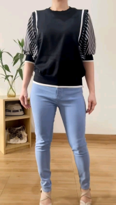 ●ECLAIRE● 003 Blouse Knit Rajut Kombinasi Salur Stripe Garis SHORTSLEEVES Korea Kerja Kasual Casual Import mxlzi