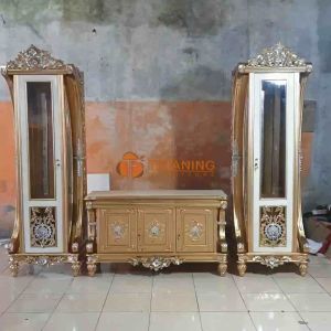 TV CABINET CLEO KAYU JATI FINISHING BUFFET LEMARI KACA HIAS PAJANGAN DEKORASI RUANG INTERIOR MURAH TATANING FURITURES JEPARA